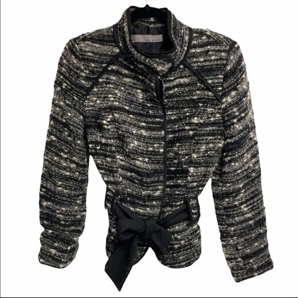 ZARA Boiled Wool Blazer Jacket Tie Waist Black Cream M - Picture 2 of 8